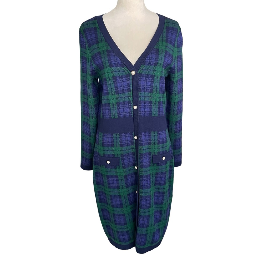 Taylor Plaid Sweater Dress Womens L Blue Green Faux Pearl Button Knit V-Neck